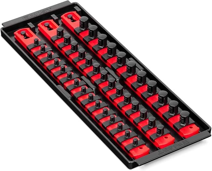 Ernst Manufacturing 8490 Socket Boss: 3-Rail Socket Organizer Tool Tray with 40 Clips (1/4", 3/8", 1/2") - Red, 13-Inch Rails for Toolbox Storage - Made in USA