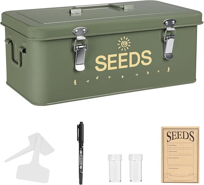Metal Seed Storage Box with Safety Locks, Large 4-Compartment Seed Organizer Kit with 30 Envelopes, 30 Plant Labels & 5 Plastic Bottles1 Mark Pen, Lockable Seed Saving Bin for Gardeners