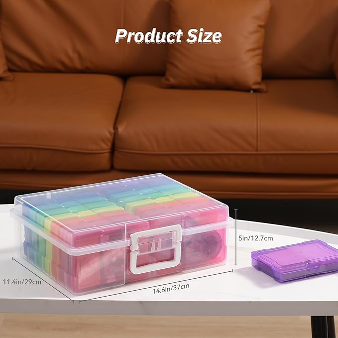 PCA Photo Storage Box 4" x 6" Cases With Handle - 16 Inner Keeper, Large Organizer, Plastic Craft Case for Stickers, Stamps, Jigsaw, Vegetable Seeds