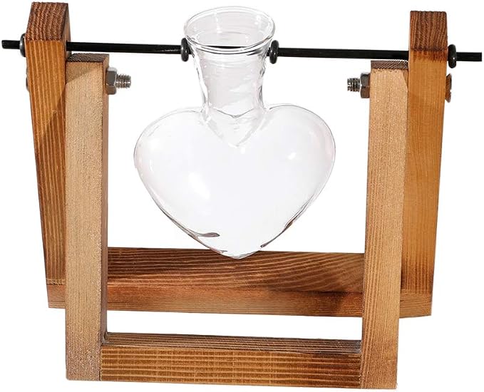 Kingbuy Terrarium with Wooden Stand, Desktop Propagation Station, Air Plant Holder, Metal Swivel Holder for Hydroponics, Home Garden, Wedding Decor - 1 Hearted Vase