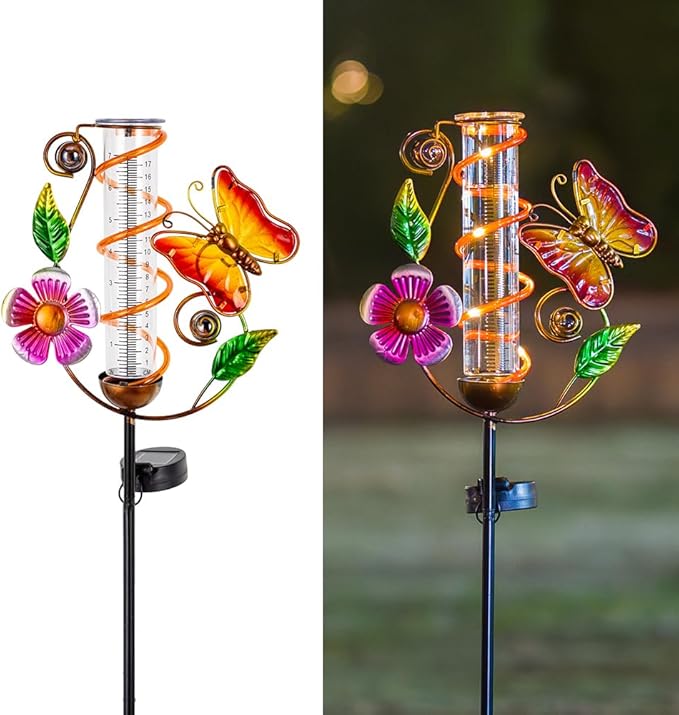 Rain Gauge Outdoor, Solar Rain Gauges for Yard, Butterfly Freeze Proof Rain Gauge with 7" Plastic Tube, Metal Decorative Water Gauge with Led Light