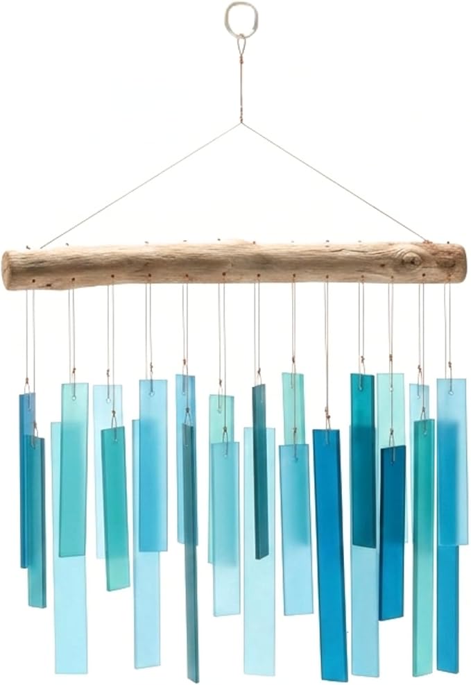 Solange & Frances Glass Wind Chimes for Outside. Handmade Hanging Wind Chimes Coastal Beach Decor with Natural Driftwood Top, Outdoor Decor Gift for Women, Gifts for Mom, Birthday Gifts for Women