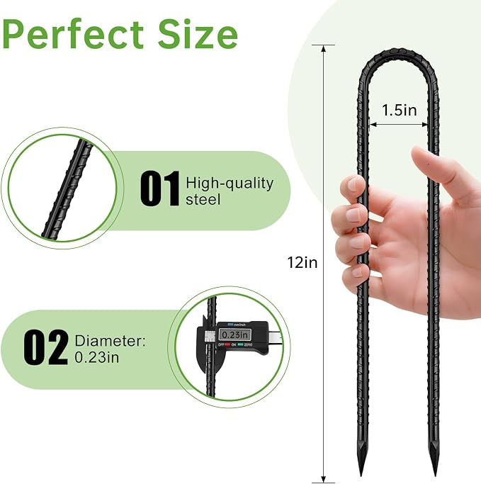 12 Inch Rebar Stakes, U Hook Ground Stakes 20 Pack Black Ground Anchors for Tent Heavy Duty for Plants Anti-Rust Landscape Fabric Artificial Turf