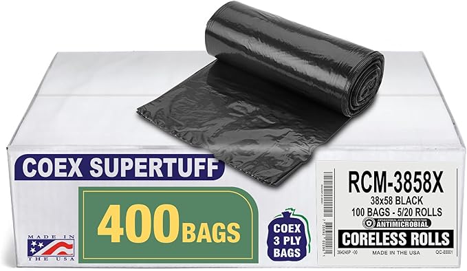 Aluf Plastics - 3 Ply Trash Bags, 55-60 Gallon, 1.5 Mil (eq), 38"x58", Black, 400 Count (20 Rolls of 20)