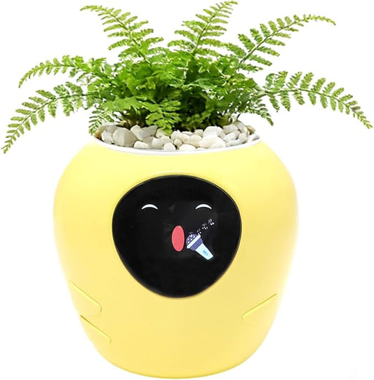 Smart Plant Pot with Expression, AI Intelligent Flower Pot for Indoor Decoration, Smart Garden Pot with Water/Light/Temperature Sensors, Ivy AI Planter (Yellow（Big）)