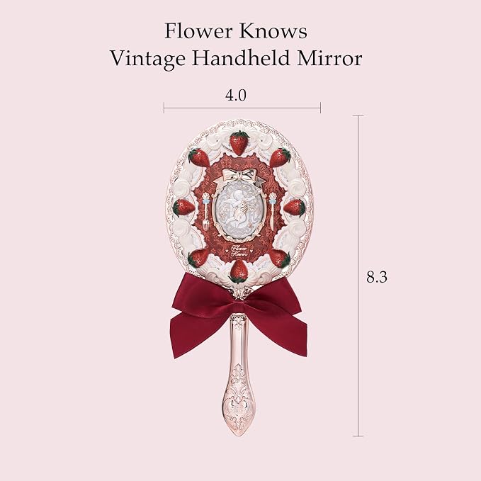 Flower Knows Strawberry Cupid Hand Mirror,Vintage Handheld Mirror,Fancy & Pretty Princess Mirror with Long Handle,Gift for Girls & Women(Red Velvet)