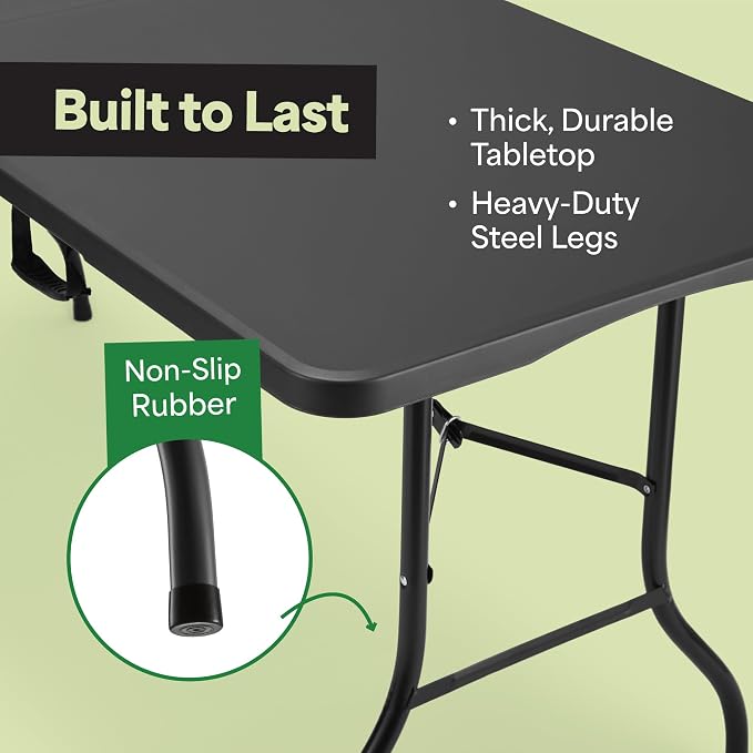 EconoHome Black 8ft Folding Table with Handle | Heavy-Duty Foldable Table | Portable Table for Indoor & Outdoor Use | Perfect for Events, Camping, Parties, Dining & More