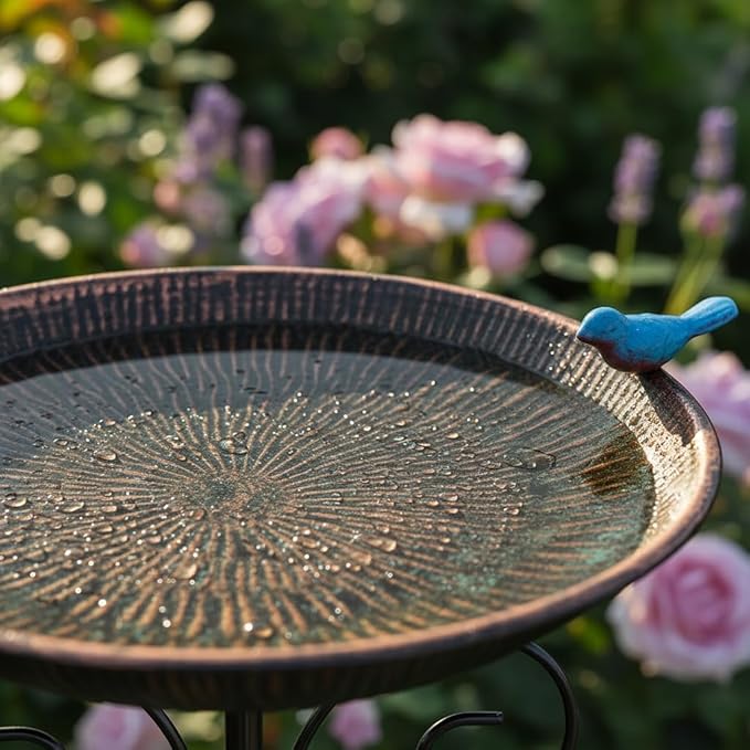 Metal Bird Bath for Outdoor,10" Wide Standing Frees Birdfeeder with Metal Stake,Vintage Bird Baths Feeder Bowl for Outdoors Garden Patio Yard Lawn Decor (Antique Bronze)