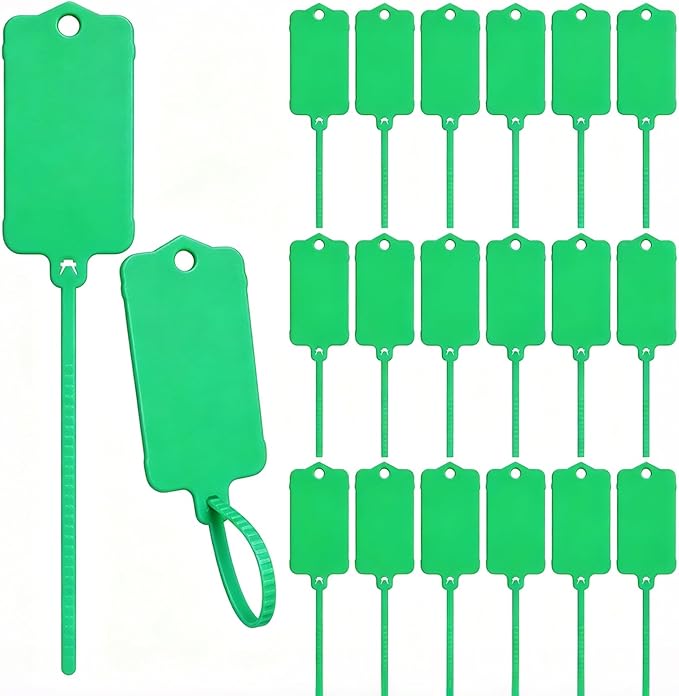 LeonBach 100 PCS Plastic Shipping Tags, 1.46" x 2.48", Waterproof Labels Writable Hanging Tag with Sealing Strap, Shipping Cable Tie Label Tags for Keys Luggage Logistic Retail Inventory(Green)