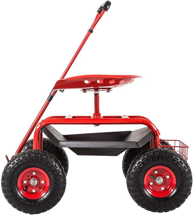 KINTNESS Garden Cart Seat Rolling Scooter Wagon with Extendable Steering Handle Swivel Seat & Utility Basket Red