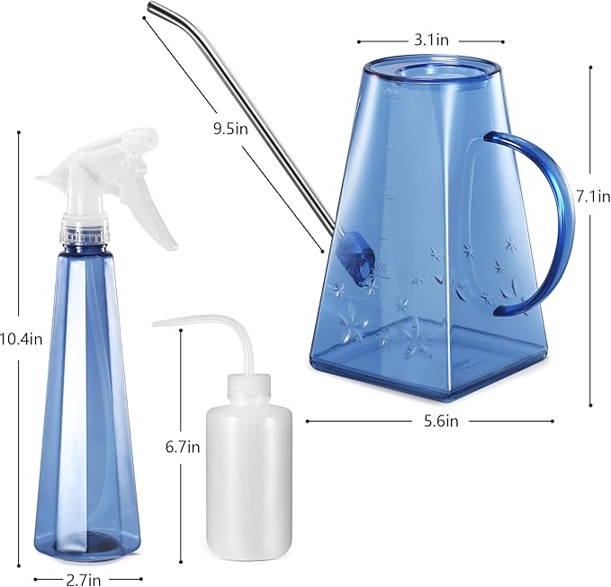 Goowin Watering Can Indoor Plants, 47 oz Long Spout House Plant Flower Watering Can, Creative Wide Opening Plastic Watering Can with 16 oz Spray Bottle & 8.5 oz Squeeze Bottle, Blue