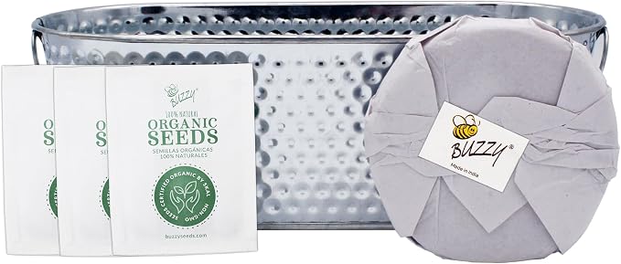 Buzzy Seeds Grow & Grill Organic Herb Kit - Metal Windowsill Planter - Complete Indoor/Outdoor Gardening Kit with Seeds, Coconut Husk Growing Medium & Genuine Pots - 100% Grow Guarantee