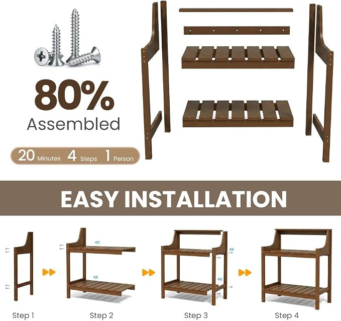 Potting Benches for Outside, HDPE Garden Potting Table All Weather, Outdoor Potting Table with Storage for Patio, Backyard, Garden, Brown