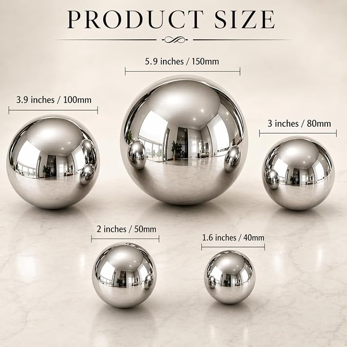 Nerien Gazing Ball, Stainless Steel Garden Mirror Globe, Polished Ornament Sphere, Hollow Floating Reflective Hemisphere, for Home Outdoor Pond Housewarming Swimming Pool Decoration, Silver, 5Pcs Mix