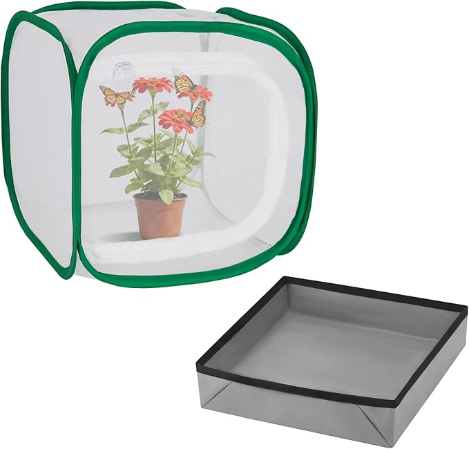 Butterfly Habitat Cage 12" x 12" x 12", Pop-up Butterfly & Insect Habitat Enclosure with Poop Tray for Easy to Clean, Small Foldable & Reusable Caterpillars Mesh Cage Terrarium for Indoor Use.