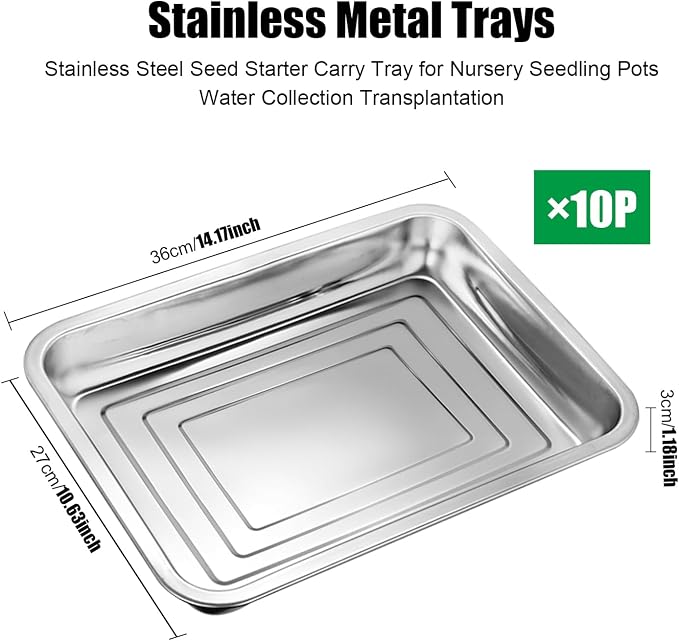 RooTrimmer 10 Pack Stainless Metal Trays, Stainless Steel Seed Starter Carry Tray for Nursery Seedling Pots Water Collection Transplantation (10.63 inch×14.17 inch, 1.18" Height)