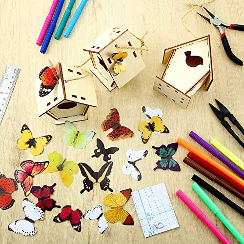 Outus 12 Pcs Wooden Birdhouse Craft Kits to Build, 4 Shapes Wooden Unfinished Bird House with Butterfly Sticker for and Arts Crafts Bulk Painting Kits(Classic Style,3.6×4 Inch)