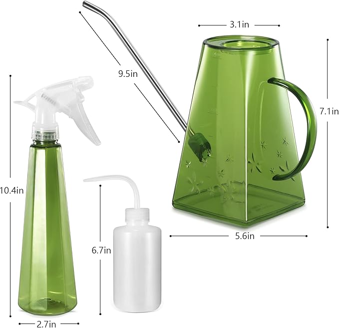 Goowin Watering Can Indoor Plants, 47 oz Long Spout House Plant Flower Watering Can, Creative Wide Opening Plastic Watering Can with 16 oz Spray Bottle & 8.5 oz Squeeze Bottle, Green