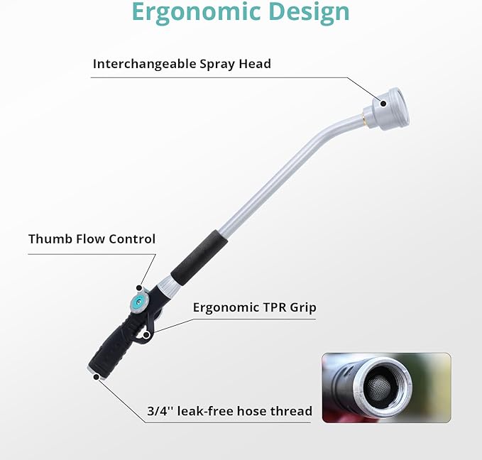 QUOBAS 24" Watering Wand with Interchangeable Spray Head, Garden Hose Sprayer Nozzle with Shower & Mist Modes, Thumb Control Long Reach Hose Nozzle for Plants & Lawn