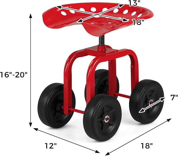 IRONMAX Garden Cart with Seat, Gardening Rolling Stool Scooter with Wheels & Ergonomic Seat for Planting, Wheeled Outdoor Gardening Work Seat for Patio, Yard, Garden (Red)