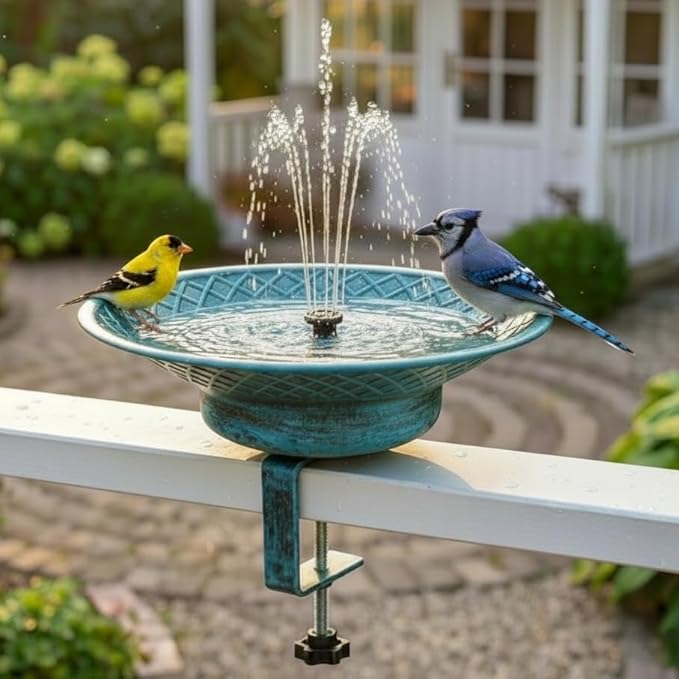 12.6" Solar Bird Bath for Deck Railing, Detachable Metal Bird Bath Bowl with 3.5" Sturdy Clamp, Adjustable Deck Bird Feeder for Outside, 2-in-1 Bird Bath for Patio