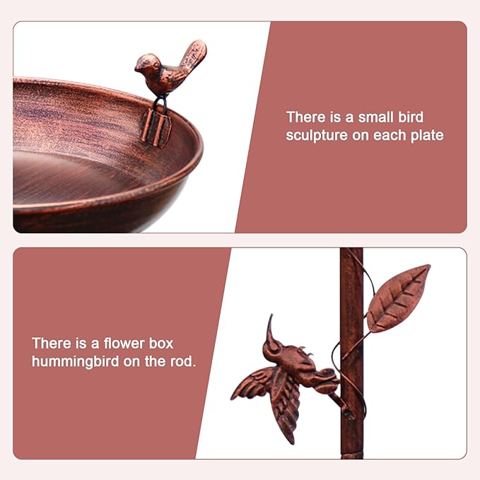 Bird Bath for Outside, 2 Bird Decor, Hummingbird on Pole & Sparrow on Bowl, 38.5 Inch Height Garden Birdbaths, 12 Inch Antique Bronze Freestanding Birdfeeder Bath for Yard Patio