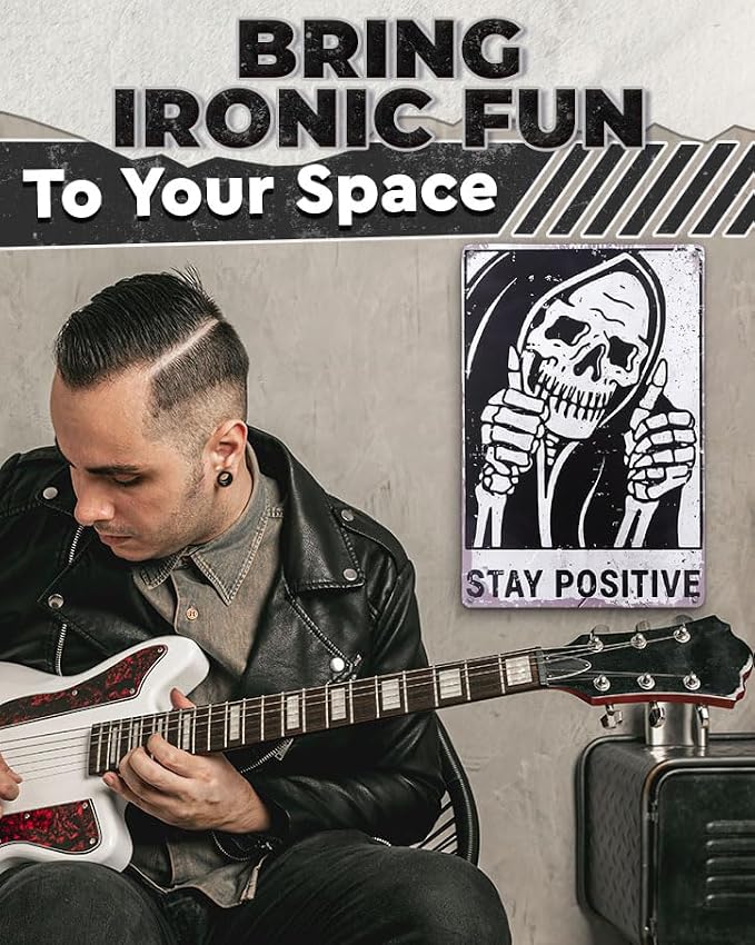 Stay Positive Skull Tin Sign – Retro Funny Wall Art 8×12 Inch | Vintage Metal Skull Decor for Man Cave, Bar, Bedroom, Garage or Office, Goth Home Decor – Indoor and Outdoor Use, Unique Gift Idea
