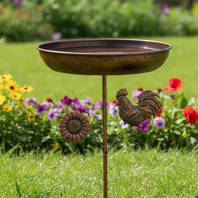 dreamysoul Bird Baths for Outside, 12 Inches Dia Bird Bath Feeder Bowl with Sun and Rooster Decor, Freestanding Metal Birdbath for Outdoors Garden Patio Yard Lawn