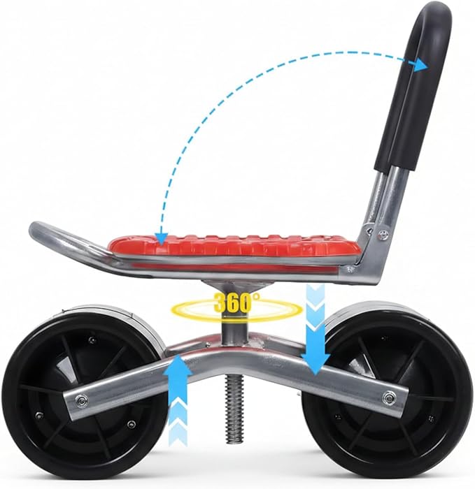 360° Swivel Garden Rolling Seat with Wheels - Adjustable Height Work Scooter & Creeper for Weeding, Planting, and Outdoor Lawn Care - Heavy Duty Steel Frame with Breathable Woven Saddle (Red)