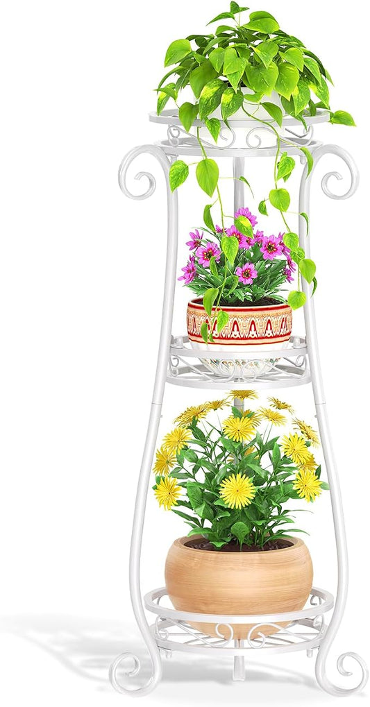 LASZOLA 3 Tier White Metal Plant Stand for Multiple Large Planters Indoor Outdoor Organizer, Heavy Duty Tall Flower Stand for Corner Patio Bathroom Office, Modern Sturdy Vertical Iron Rack, Cat Proof