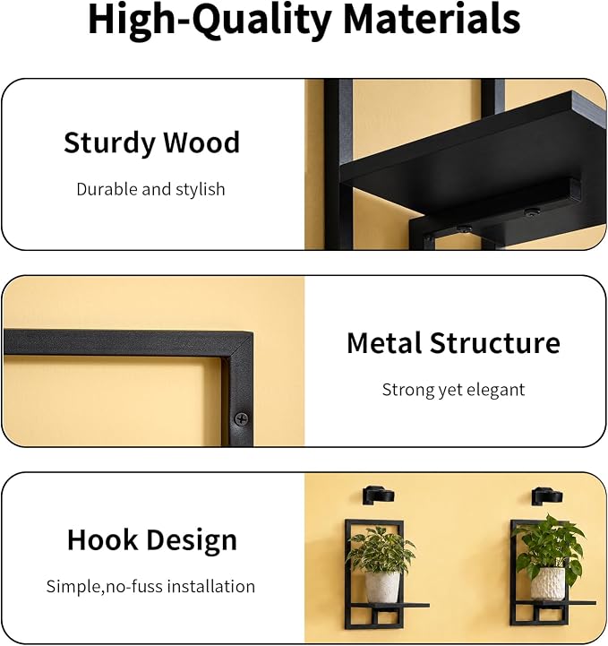Wall Plant Holder with Grow Lights Set of 2 for Indoor Outdoor, Floating Flower Display Stand for Living Room, Bedroom, Bathroom, Kitchen, Entryway, White (2, Black)