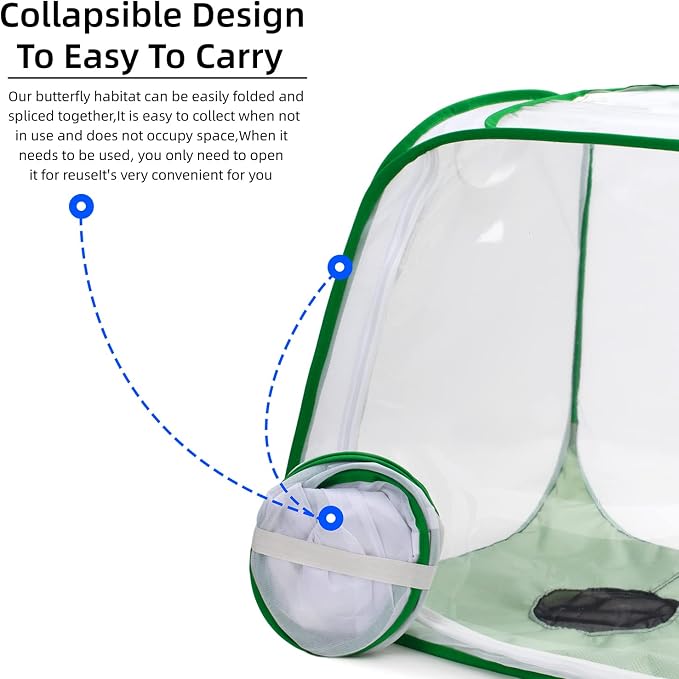 Outdoor Pop-up Large Insect and Butterfly Net Habitat，with Rainproof top Cover Increase Survival Rate, Windproof Trapezoidal Design，Collapsible Caterpillar Growing Mesh Cage Terrarium