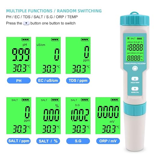 7 in 1 PH Meter Gomass 0.01 High Accuracy ph Tester Digital for Water TDS/EC/Salinity/Temp/ORP/S. G/PH Pen Tester Drinking Water, Hydroponics, Plants, Aquarium and Pool