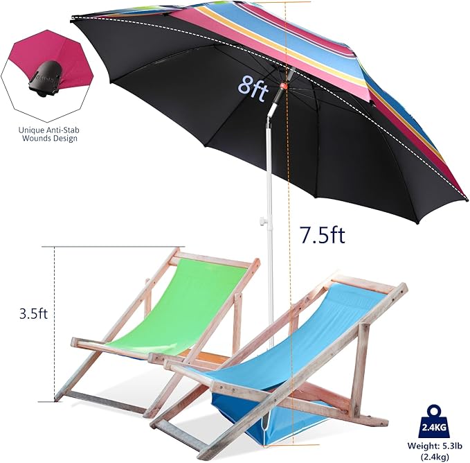 Fisqueen 8FT Large Beach Umbrella with Level 7 Wind Resistance Sand Anchor Sand Bag, Portable Outdoor Umbrella with UPF50+ UV Protection, Tilt Sun Shelter for Beach, Patio, Yard