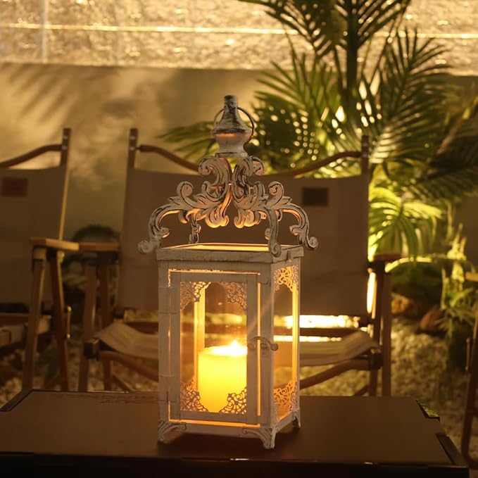 NEEDOMO Lanterns Decorative Indoor, 16" White Hanging Lantern Decor Outdoor, Vintage Metal Large Candle Lantern for Patio, Front Porch, Table, Home Decor, Candle Holder with Clear Glass