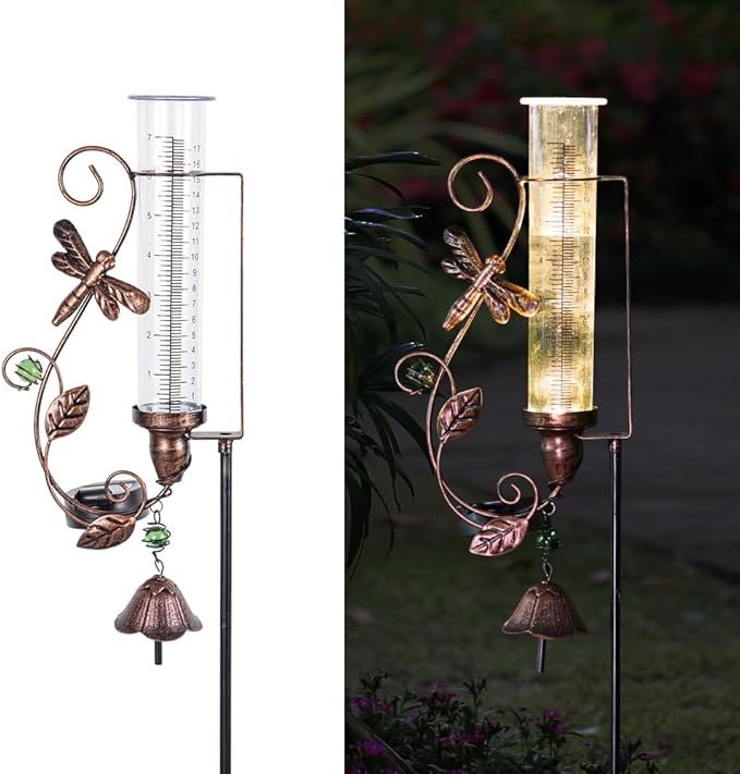 Rain Gauge Outdoor, Solar Rain Gauges with 7" Plastic Tube, Dragonfly Metal Rain Gauge with Decorative Bell for Garden Yard Lawn Decor