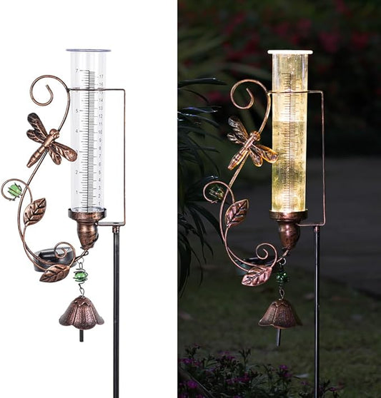 Rain Gauge Outdoor, Solar Rain Gauges with 7" Plastic Tube, Dragonfly Metal Rain Gauge with Decorative Bell for Garden Yard Lawn Decor