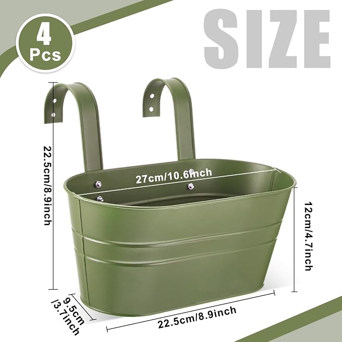 Hicarer Metal Hanging Flower Pots for Railing Fence, Large Hanging Rail Planters for Outdoor Window Balcony Plants Holder with Hooks for Garden Yard Home Decor(Green,4 Pcs)