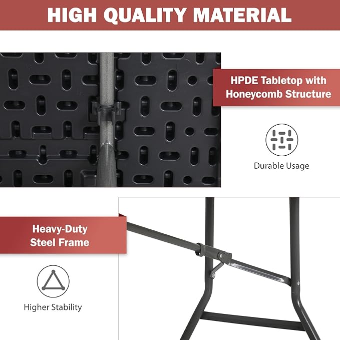 PayLessHere | 8FT Folding Table | Portable Plastic Table with Carry Handle | Waterproof & Foldable Table Design | Steel Frame with Lock | Black | for Events, Camping, Indoor & Outdoor Use