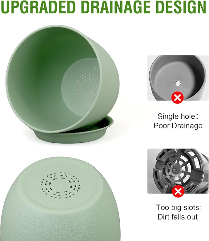 WSMKSZ Flower Pots 9/8/7.5 inch, Plant Pots for Indoor Outdoor Plants, Set of 3 Modern Decorative Plastic Planters with Drainage Holes and Saucers for Garden Porch House Plants, Green