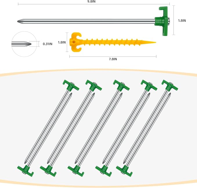 Tent Stakes Heavy Duty Camping Stakes,AVOFOREST 9.8inch Non-Rust Metal Tent Pegs Ground Stakes Tent Spikes Camping,Garden,Hiking Green(Green 12+2pcs, 10 in)
