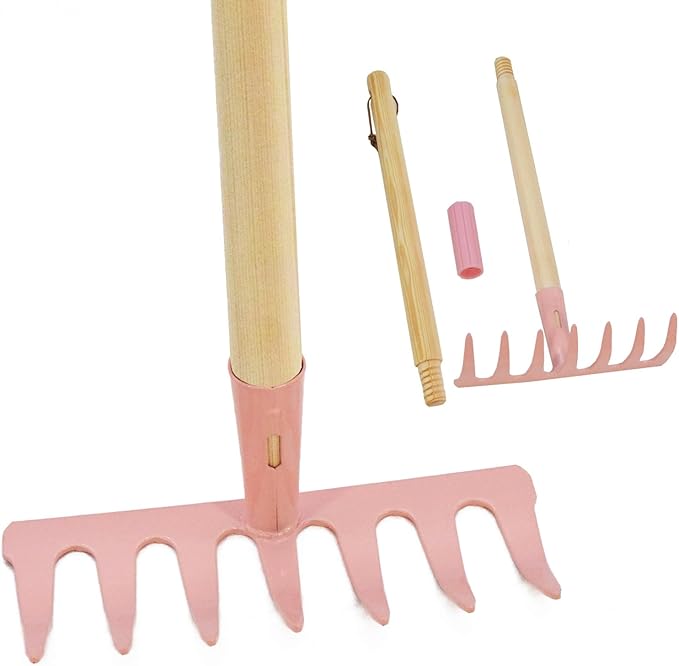 Kids Garden Lawn Tine Rake-Small Lawn Heavy Rake with Metal Tines, 28.8 inches/73cm Length, Wooden Handle, for Kids Garden Labor (Pink)