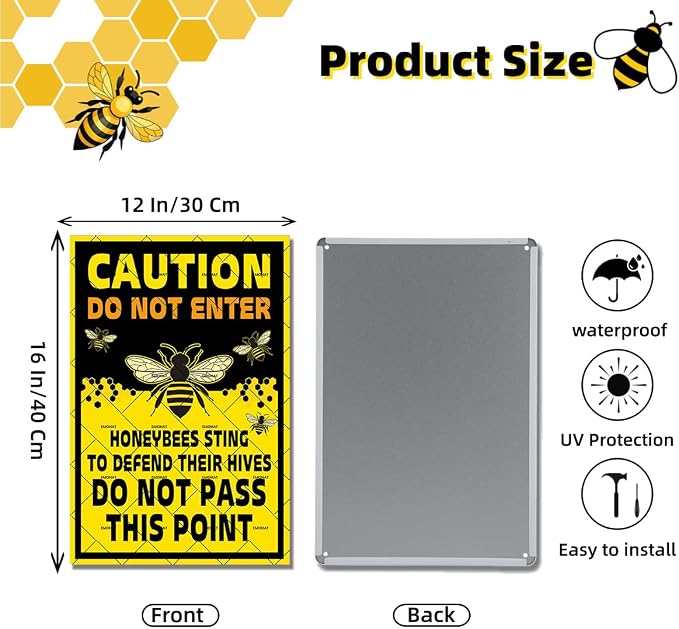 EMOHAT Caution Do Not Enter Honeybees Sting To Defend Hives Metal Tin Sign, Bee Farm Warning Sign for Garden Yard Farm, 16x12 Inch Rustic Man Cave & Farmhouse Decor