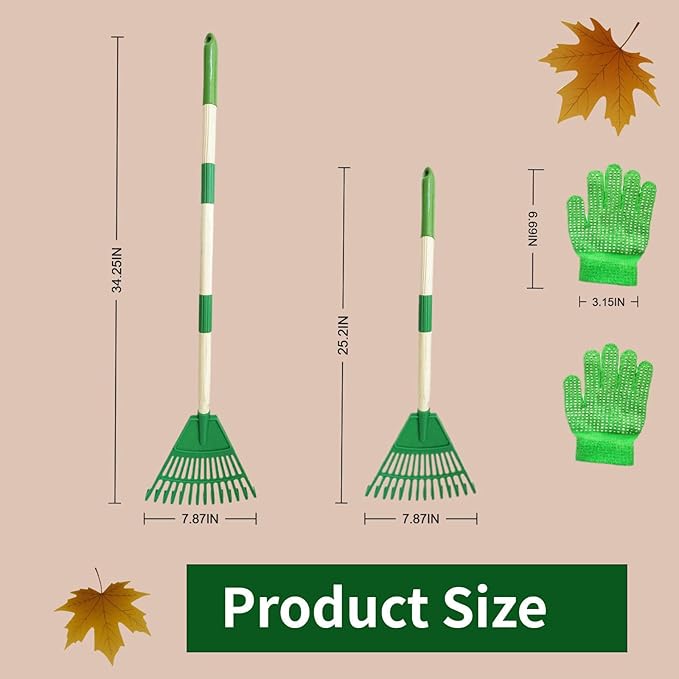 Kids' Leaf Rakes, Small Children's Lawn and Garden Tools, Toddler Yard Tool Set, 2 Pcs 35'' Plastic Head Leaf Rake with 2 Pairs of Gloves, Adjustable Wooden Handle , Safe for Boys and Girls