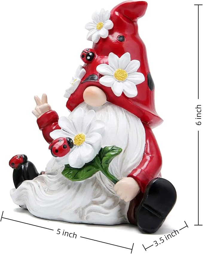 Hodao Spring Gnome Figurine Ladybug Decor, Cute Resin Garden Gnome with Floral Hat, Indoor Outdoor Home Decorations, Shelf Desk Ornament, Seasonal Gift for Family Friends Housewarming Birthday