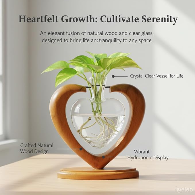 Plant Propagation Station, Heart-Shaped Hydroponic Glass Vase with Solid Wooden Stand, Rooting Vase for Cuttings, Gifts for Plant Lovers Mom Wife, Home Office Wedding Tabletop Decor