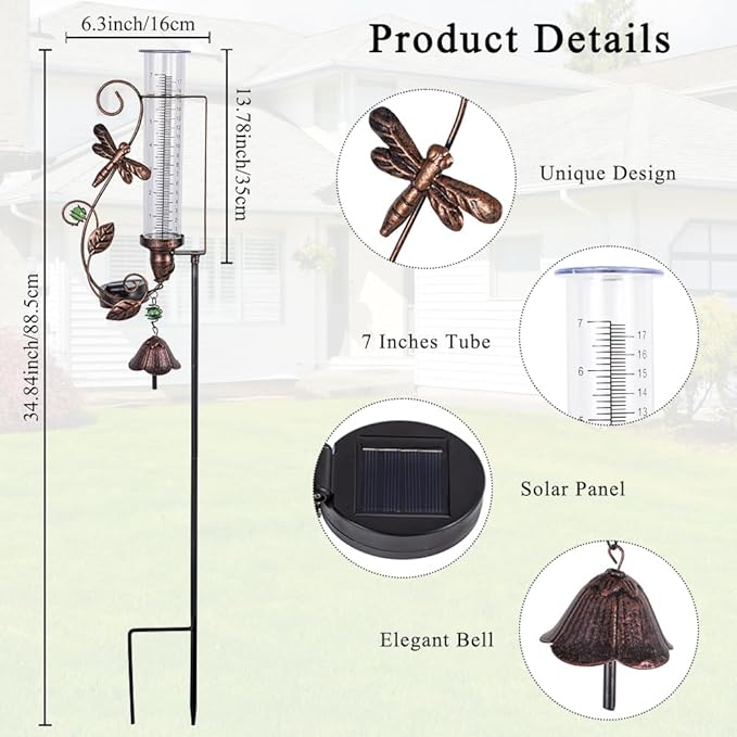 Rain Gauge Outdoor, Solar Rain Gauges with 7" Plastic Tube, Dragonfly Metal Rain Gauge with Decorative Bell for Garden Yard Lawn Decor