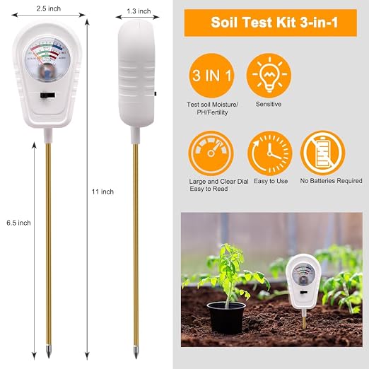 Soil Test Kit 3-in-1, Soil Moisture Meter, Soil PH Meter, Fertility Soil Tester, Soil Tester for Garden, Lawn, Farm, Outdoor & Indoor Use (Milky White)