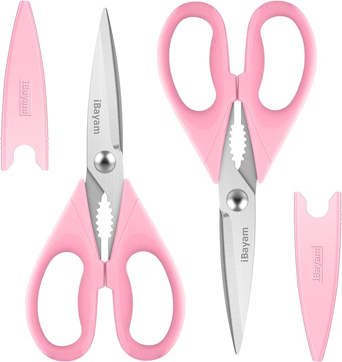 iBayam All Purpose Kitchen 2 Pack Heavy Duty Food Meat Poultry Shears with Protective Sheath, Dishwasher Safe, Comfort-Grip Cute Aesthetic Scissors Gift for Women Mom Wife Her Couple Pastel Pink