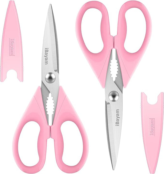 iBayam All Purpose Kitchen 2 Pack Heavy Duty Food Meat Poultry Shears with Protective Sheath, Dishwasher Safe, Comfort-Grip Cute Aesthetic Scissors Gift for Women Mom Wife Her Couple Pastel Pink
